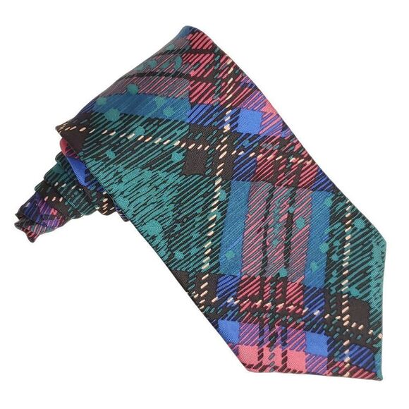 Vtg 90s Hardy Ames Silk Necktie Abstract Plaid Blue Green Mauve Pink 60" X 4" - Picture 1 of 3